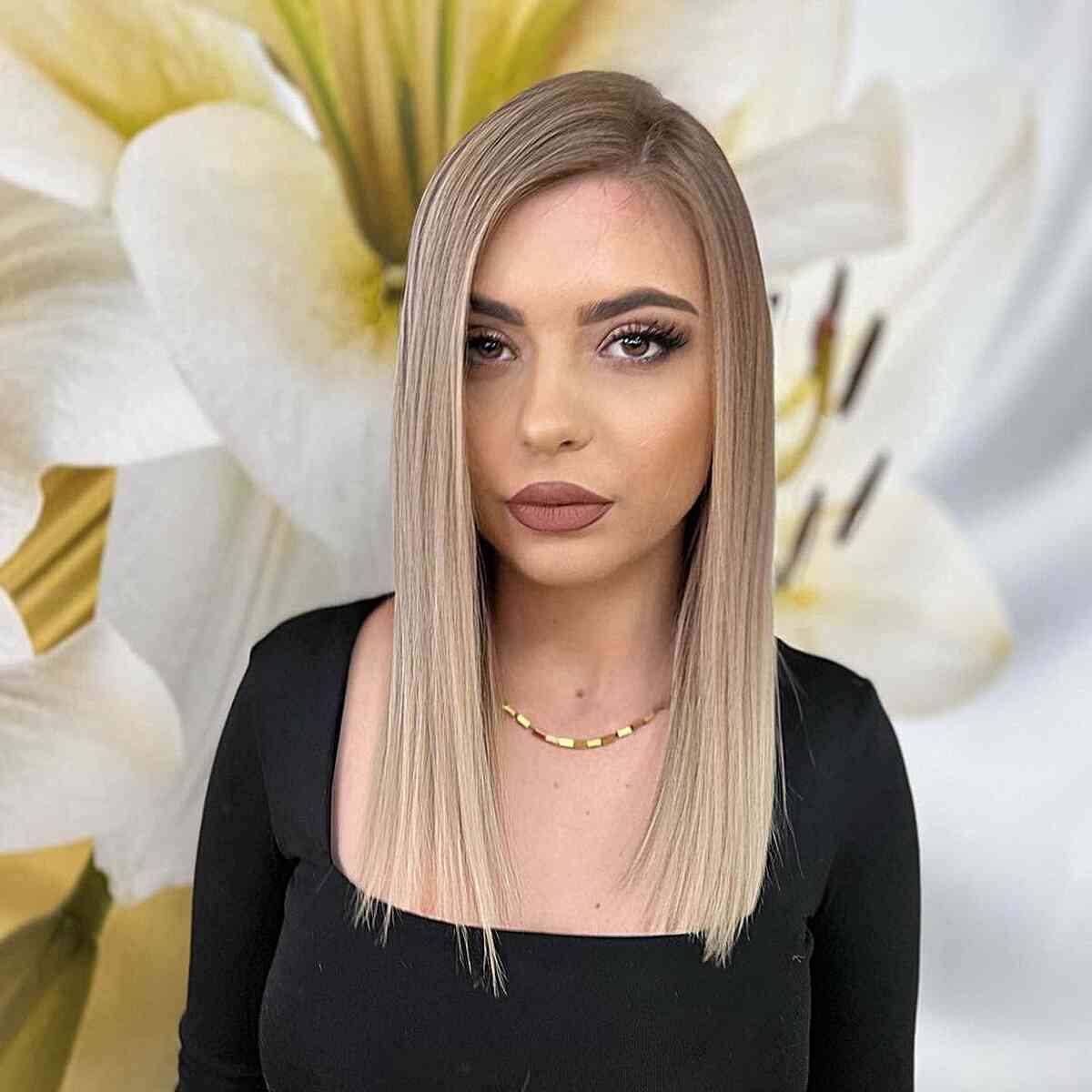 Medium-Length Sleek Fine Hair with a Side Partition for women with blunt ends