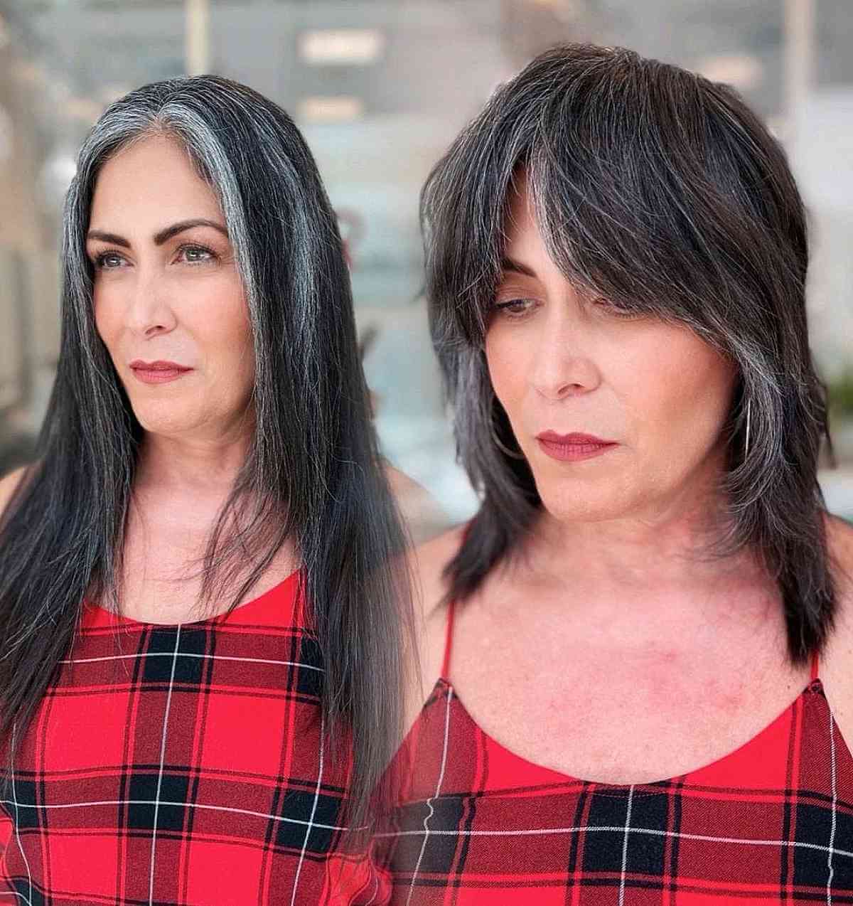 Sleek Modern Shag with Bardot Bangs for Women Over 40
