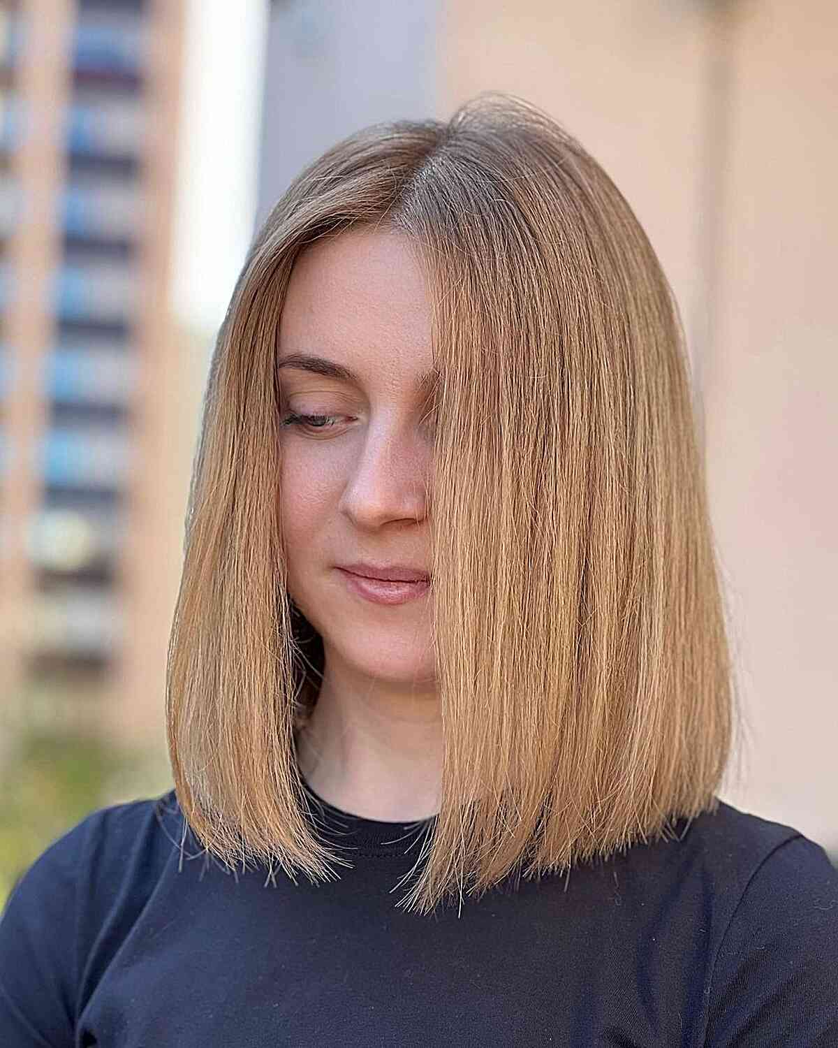 Sleek One-Length Lob with Blunt Ends Medium Hairstyle
