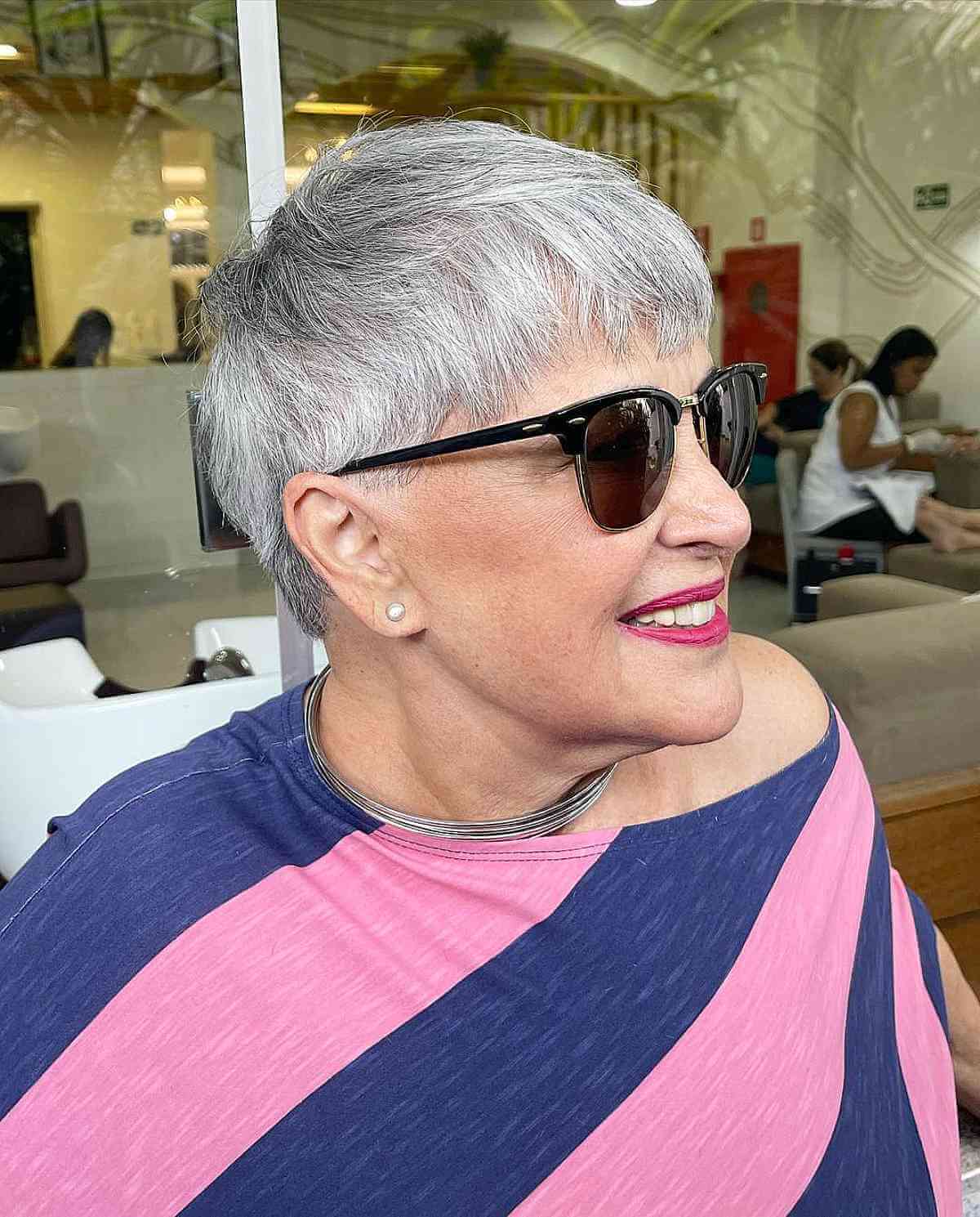 Sleek Salt and Pepper Pixie with Bangs for Women Over 60