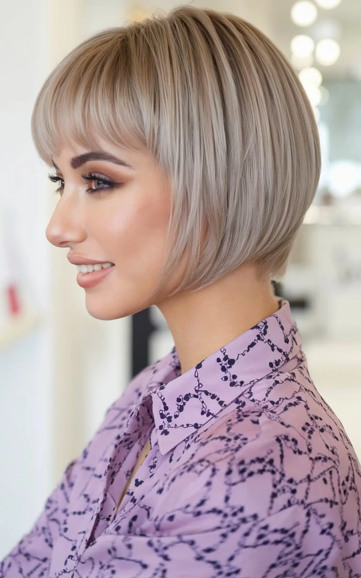 Sleek Stacked Bob Featuring Soft Bangs with Finer Hair