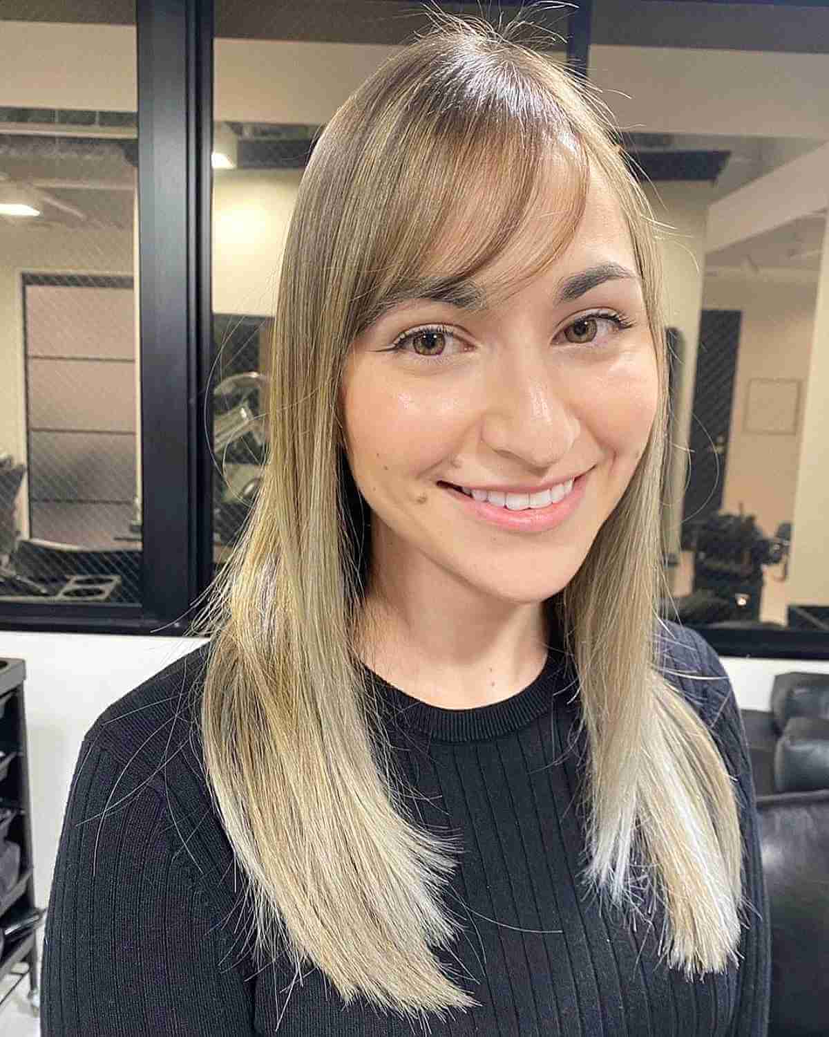 Sleek U-Cut Hairstyle with Side-Swept Bangs