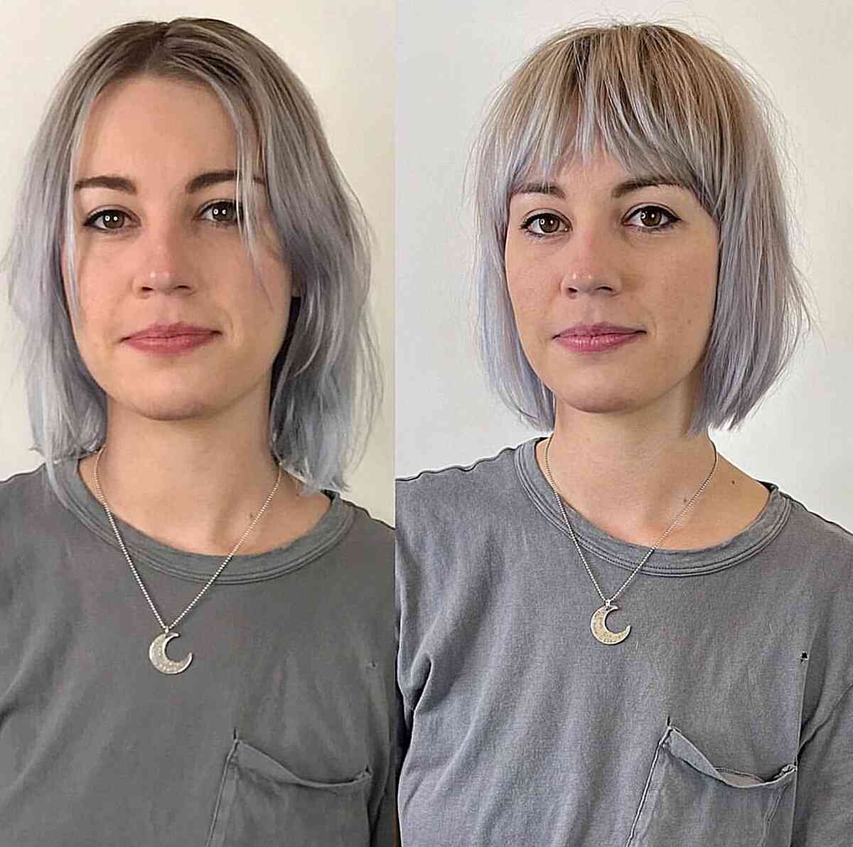 Smoky Ash Neck-Length Bob with bangs for women with oval faces
