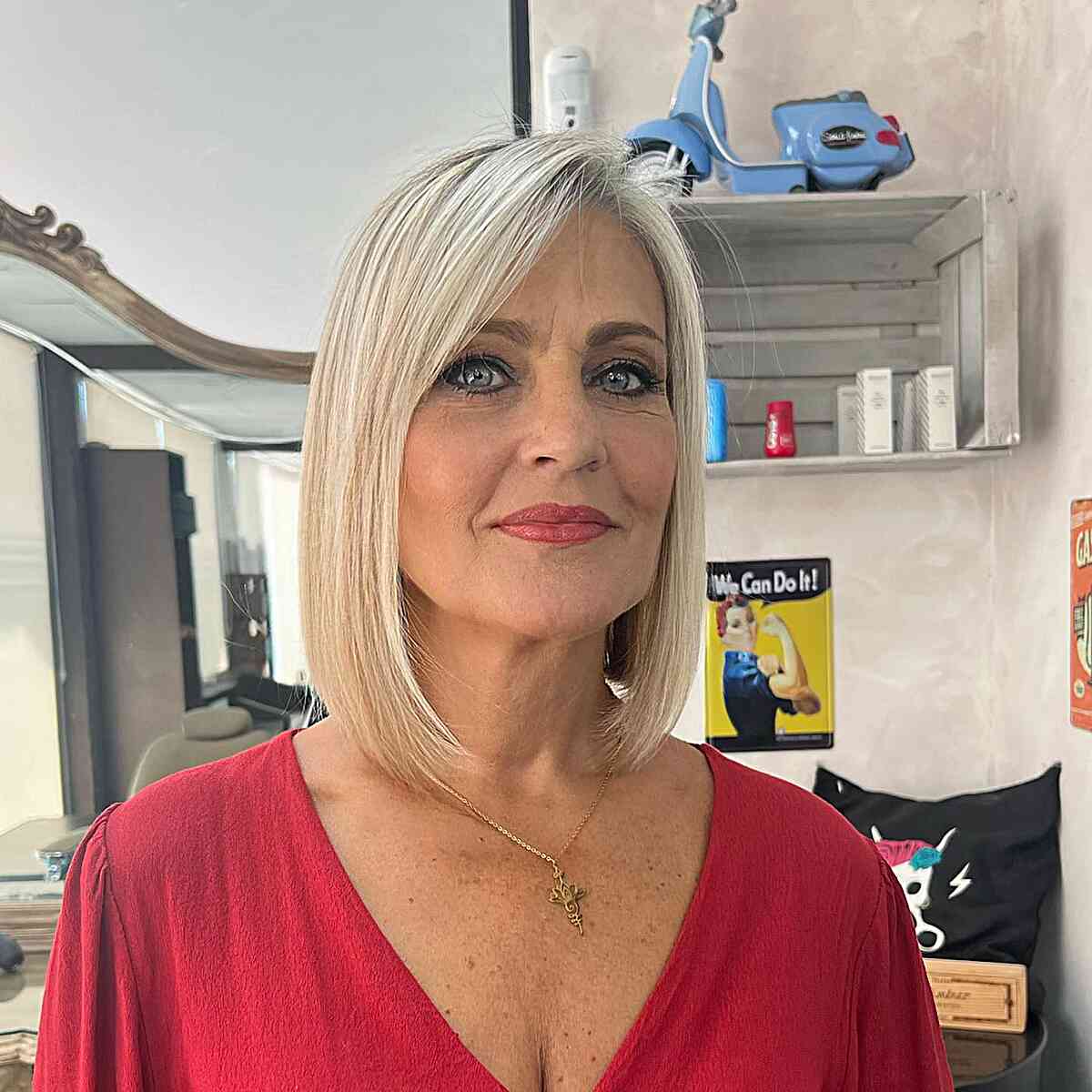 Soft Blonde Lob with Side Bangs for Fifty-Year-Olds with Fine Hair
