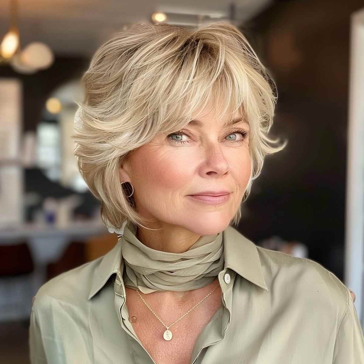 Soft Feathered Bangs for Blonde Hair in Mature Women