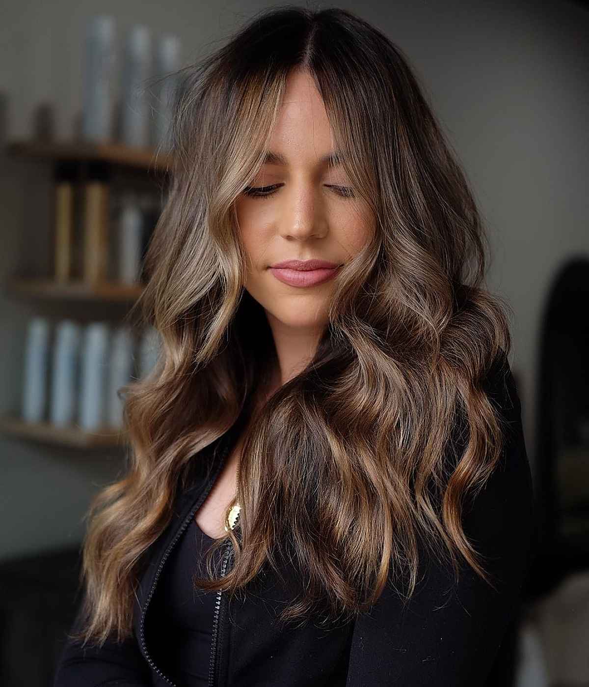 Soft molten chocolate brown balayage for dark hair