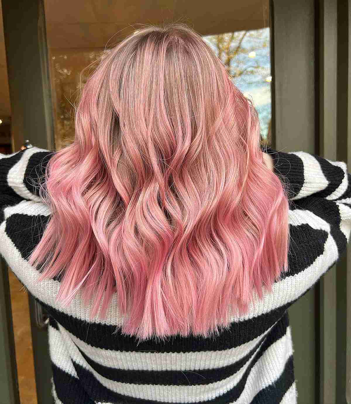 Soft Peach Pink Balayage on Light Brown Hair