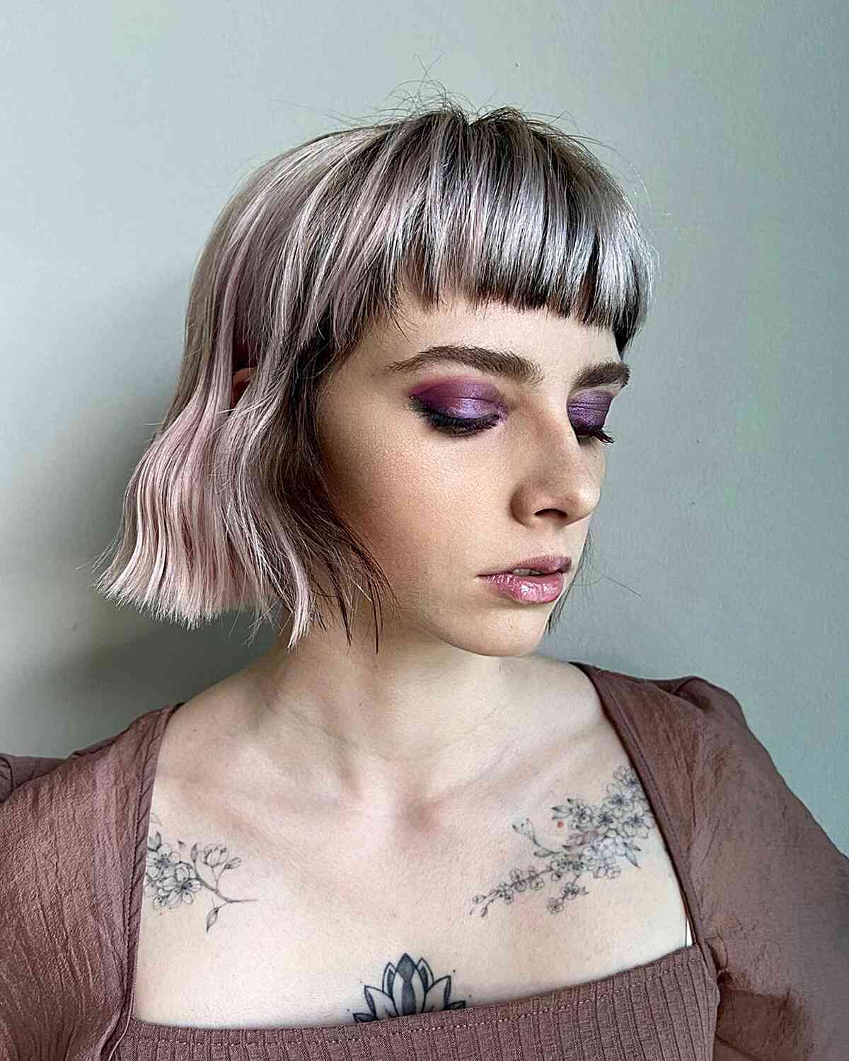Chin-Length Soft Pink Blunt Box Bob with Fringe