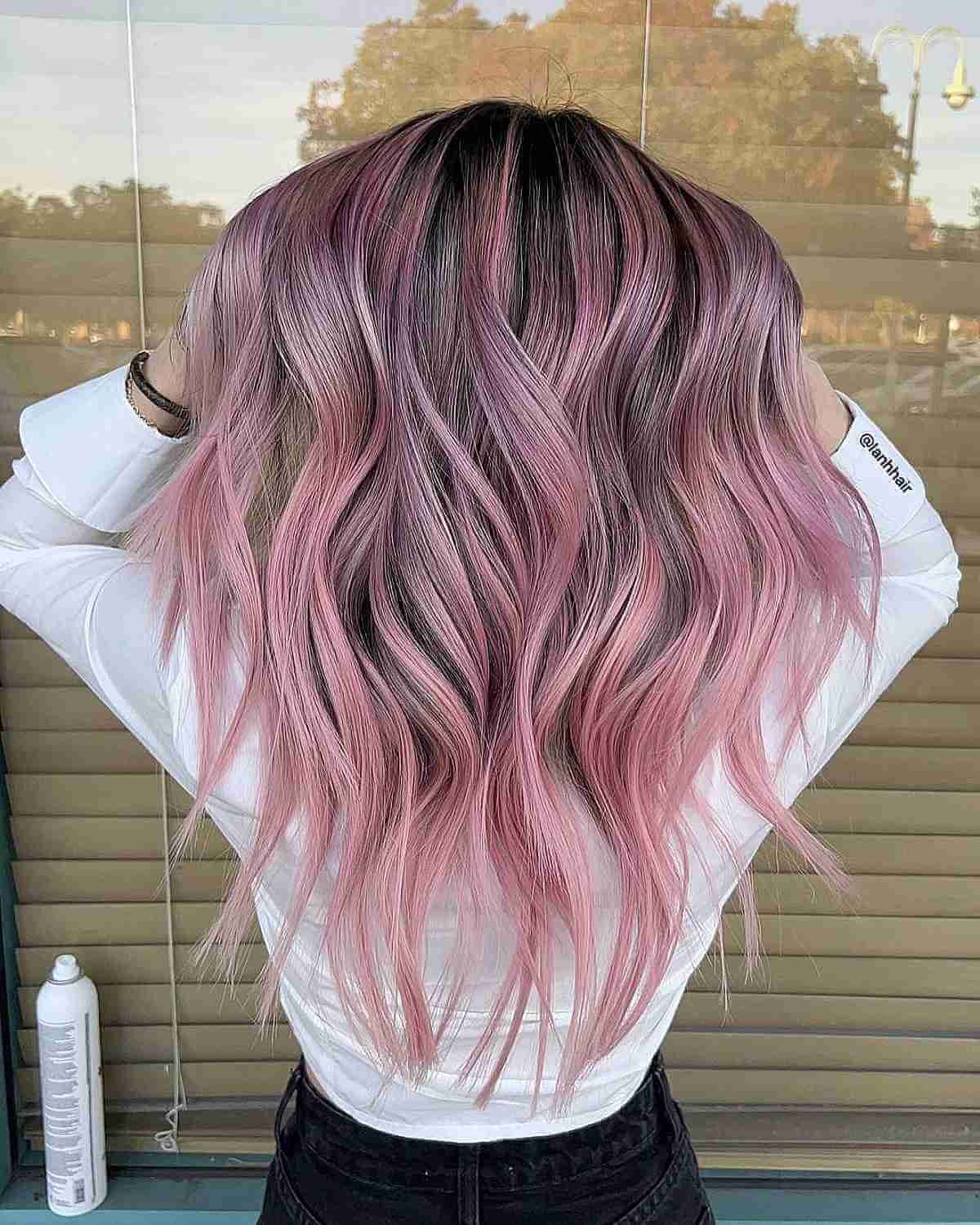 Soft Pink Pastel Balayage with Deep Roots