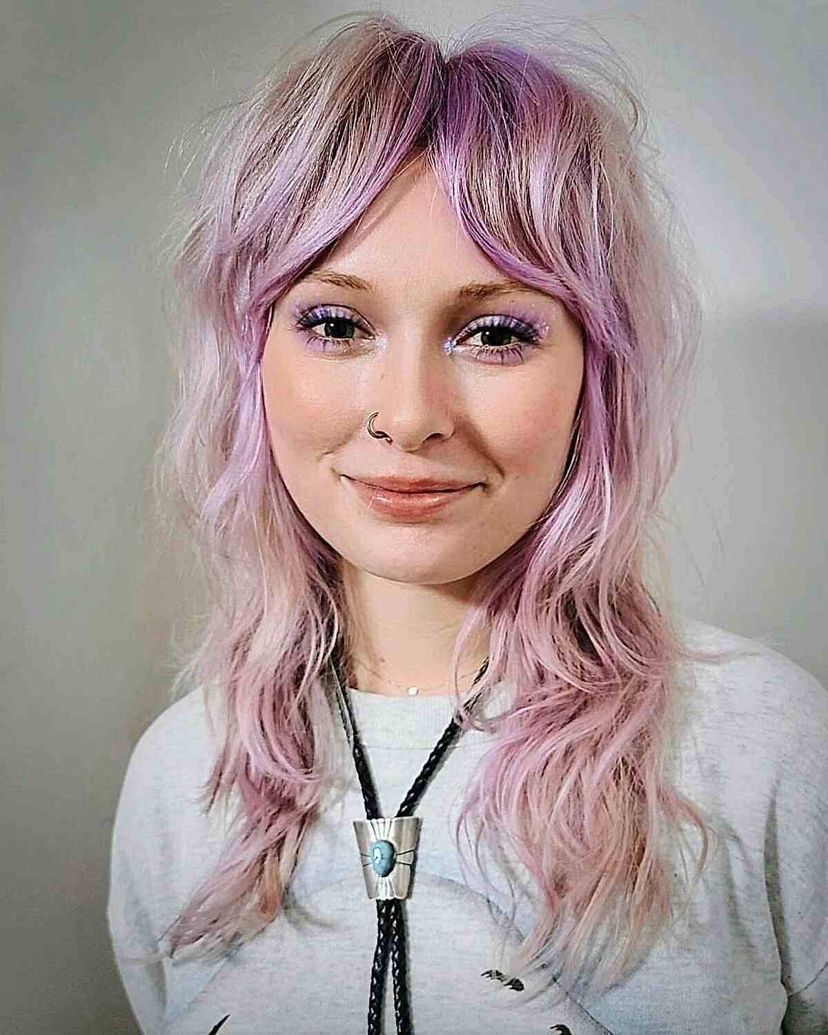 Soft Pink Shag with Flowing Waves and Curtain Bangs
