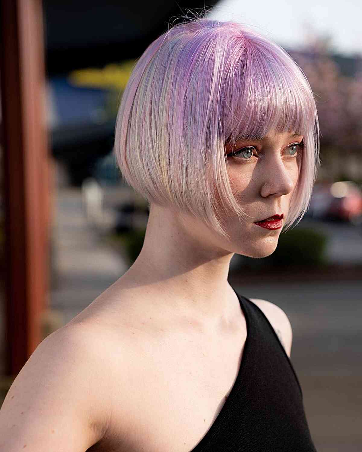 Delicate Pink to White Reverse Ombre for women with short hair and bangs