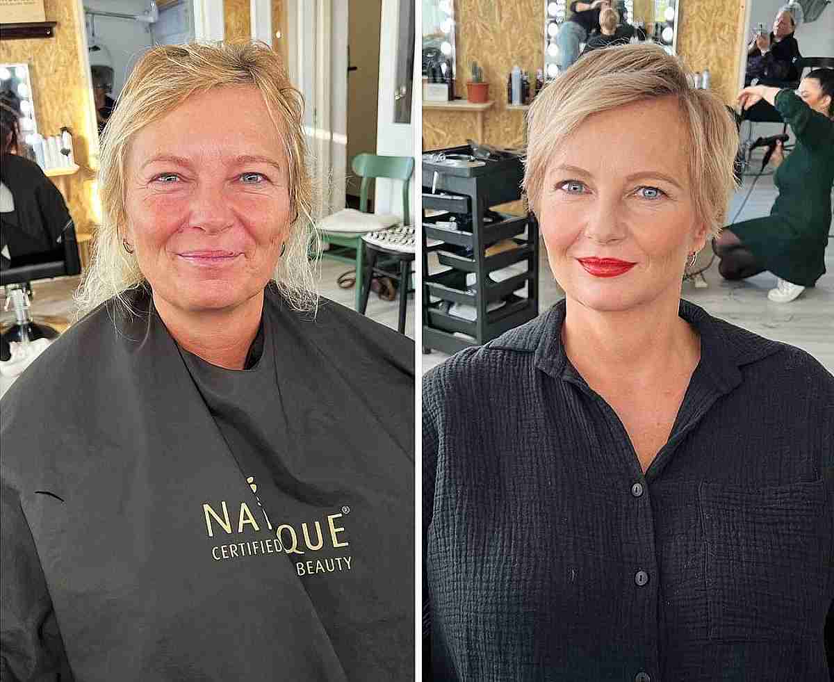 Soft Side Part Pixie with Feathered Bangs for Ladies in Their 50s