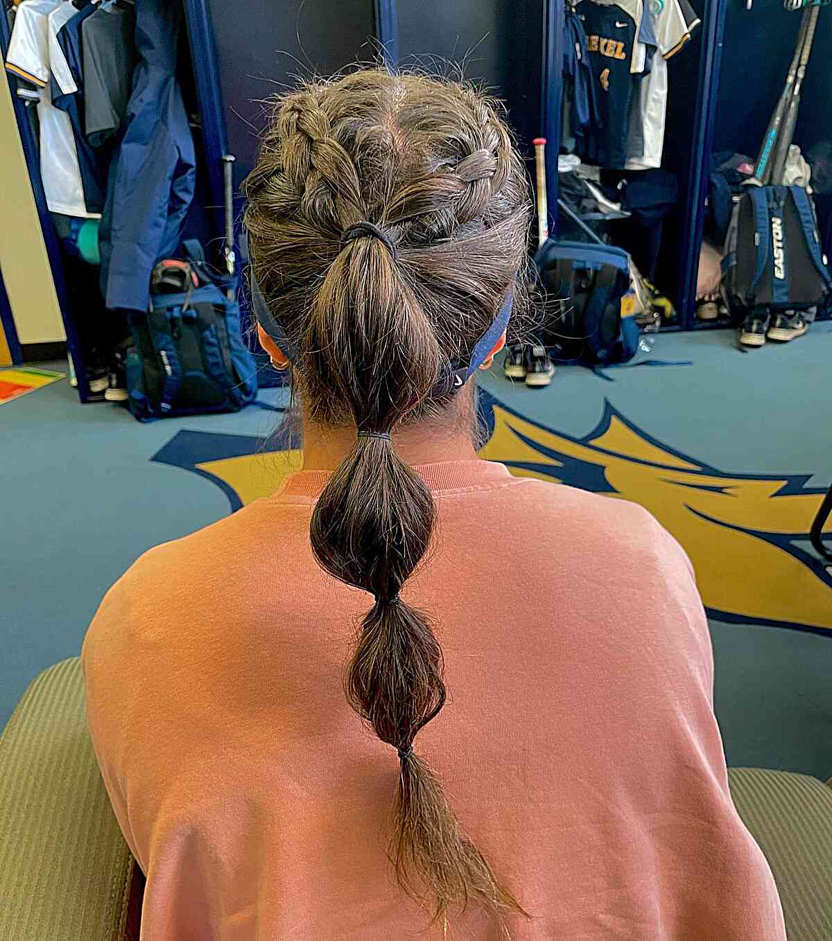 Mid-Long Softball Ponytail with Bubble and Dutch Braids