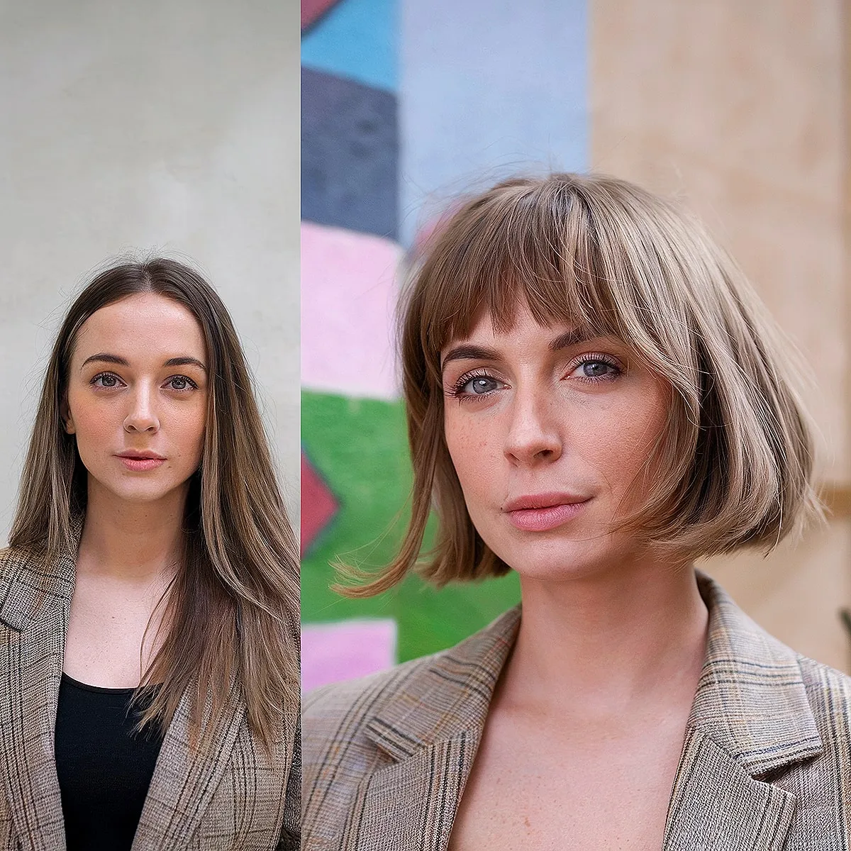 Stylish layered bob haircut featuring gentle bangs