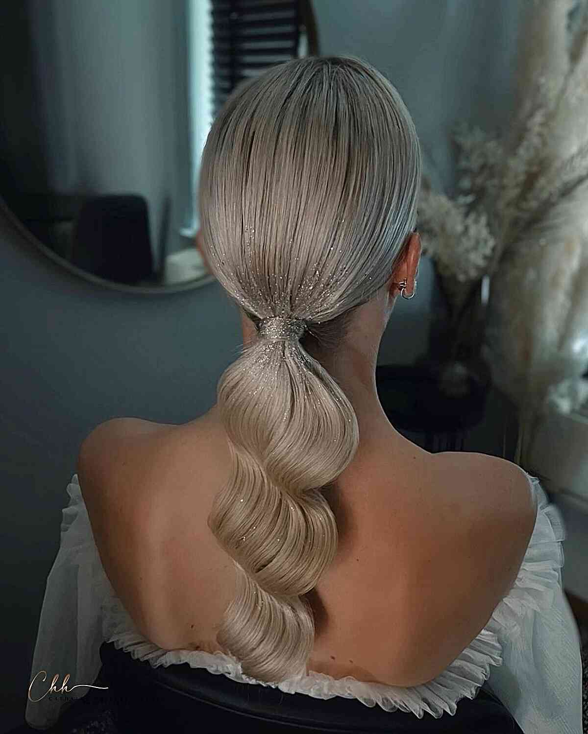 Bridesmaid Sparkling Silver Hair Glitter in a Low Pony