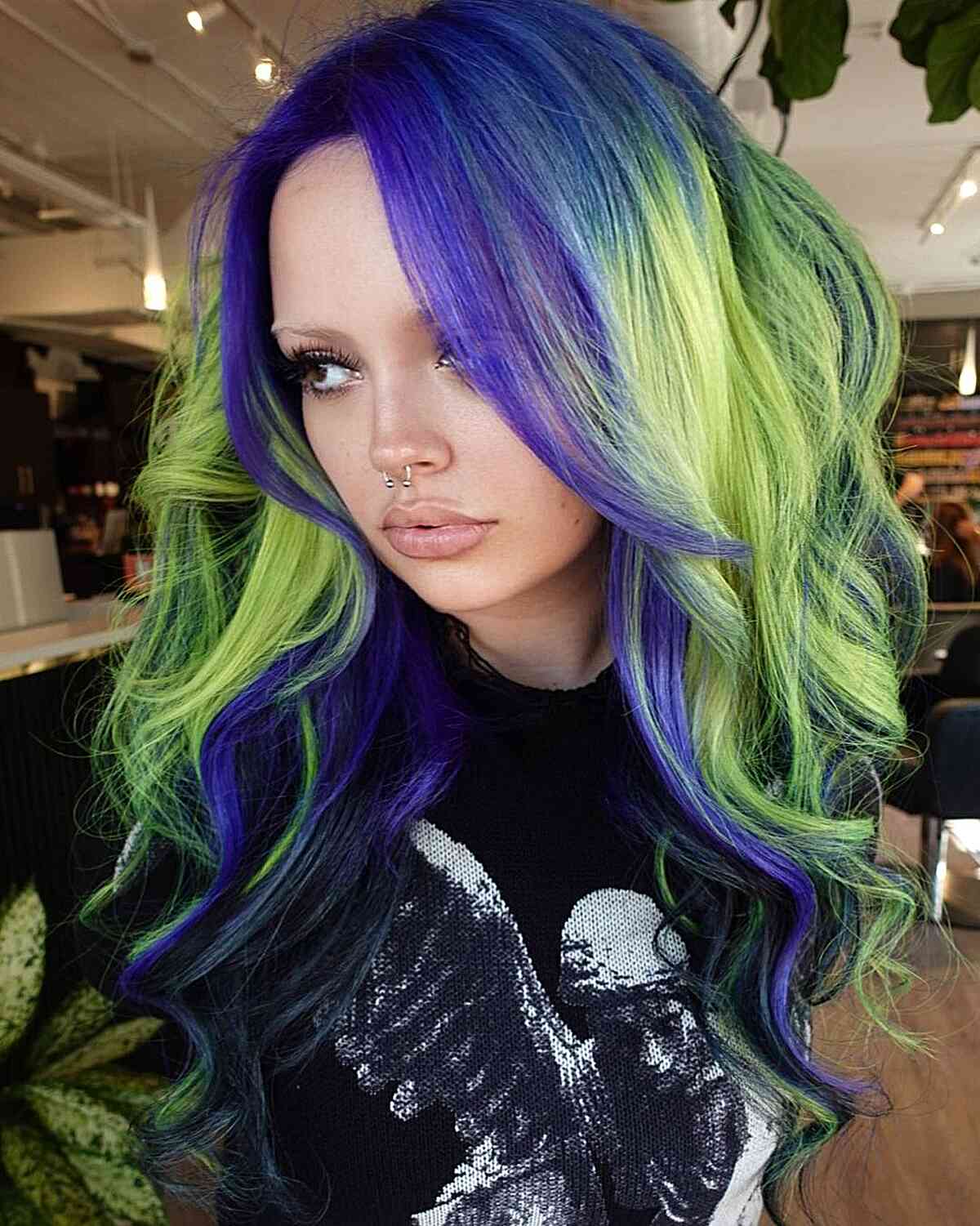 Spooky green and purple tones hair color idea