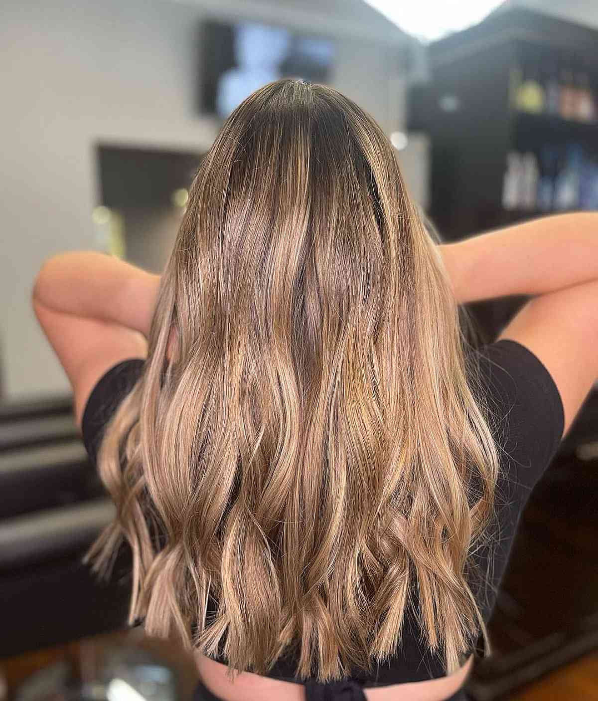 Strawberry Beige Blonde Balayage on Dark Tresses