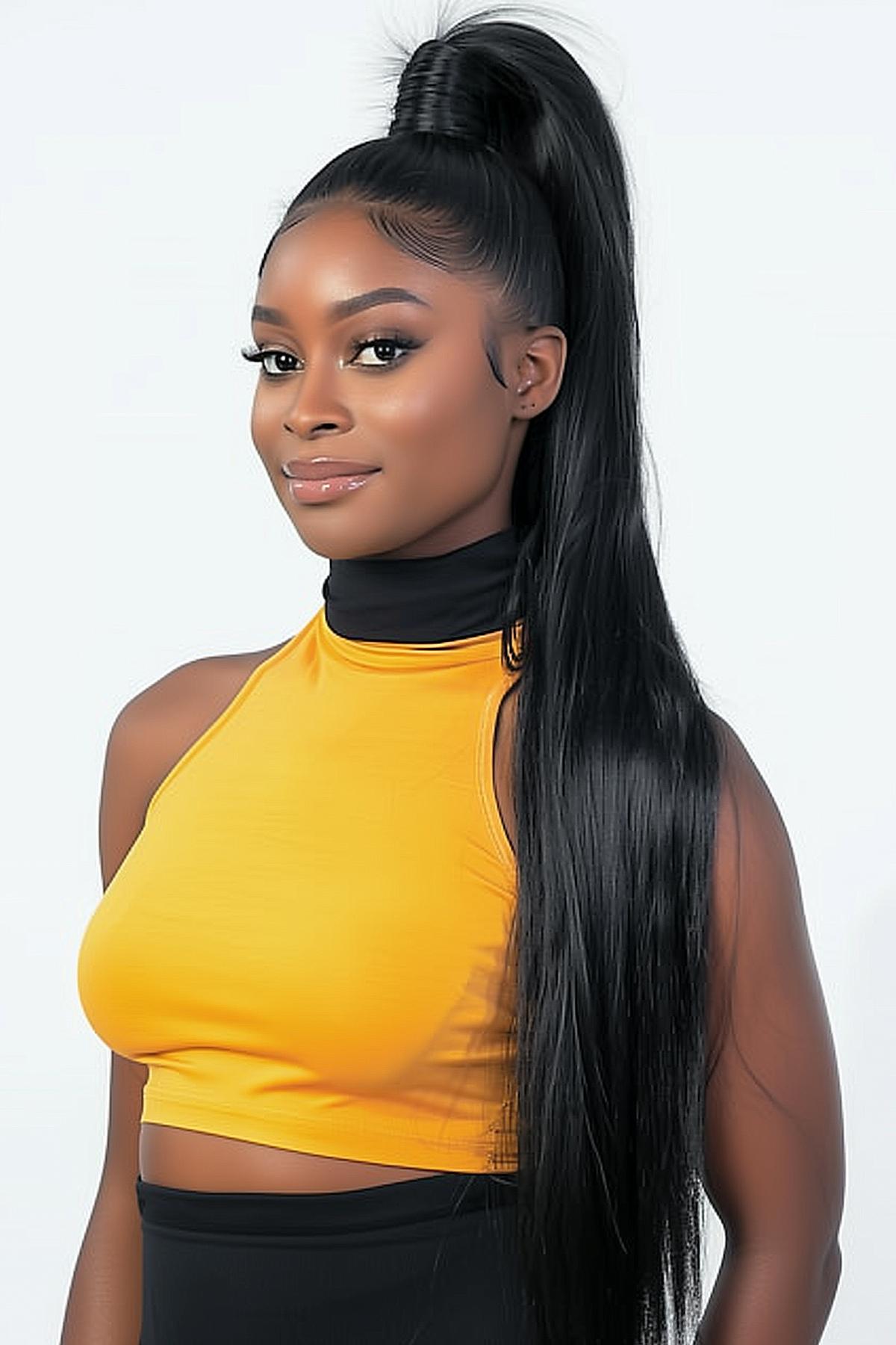 Sleek high weave ponytail with a tidy wrap for African women, perfect for elegant occasions