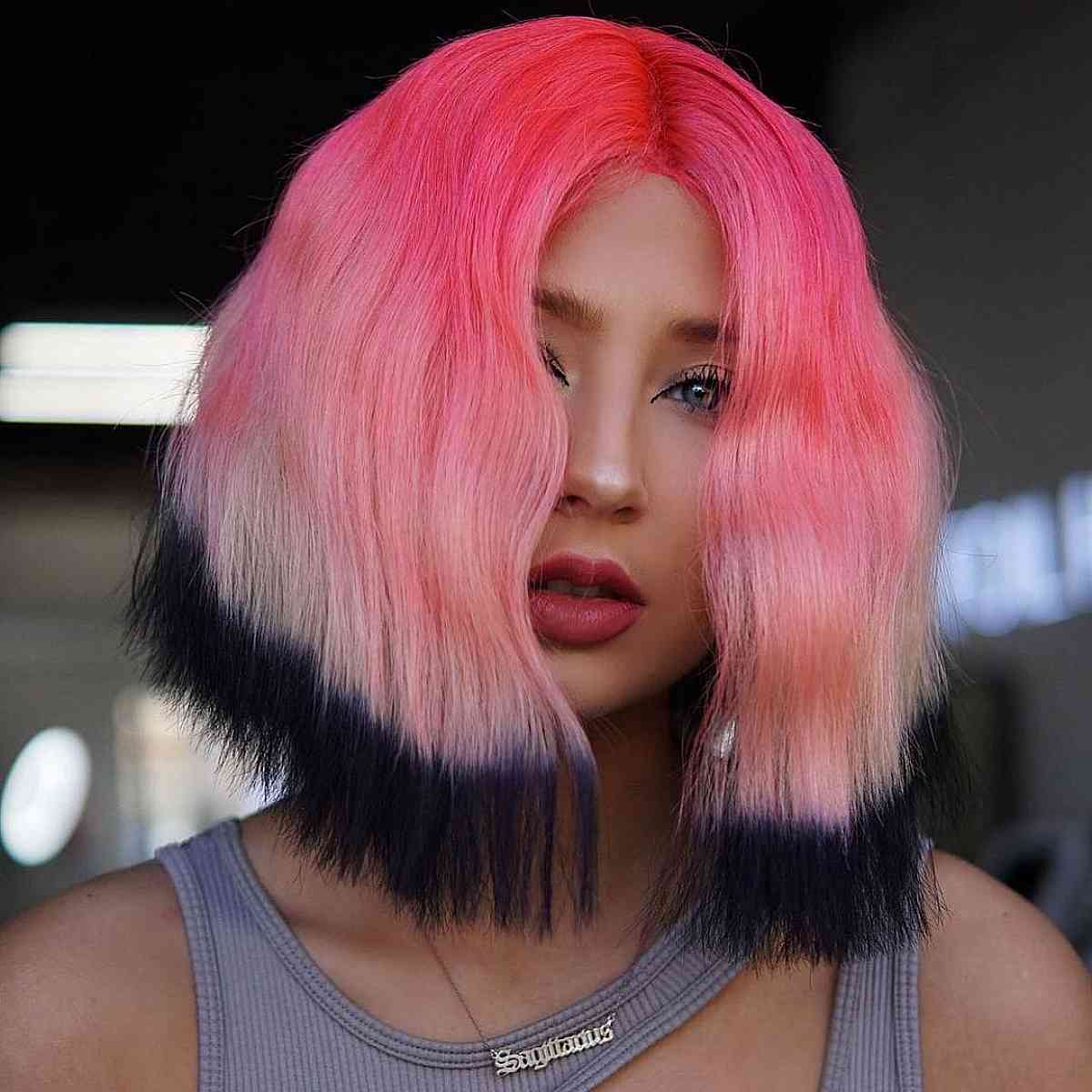 Striking Pink Lob Enhanced with a Black Dip Dye