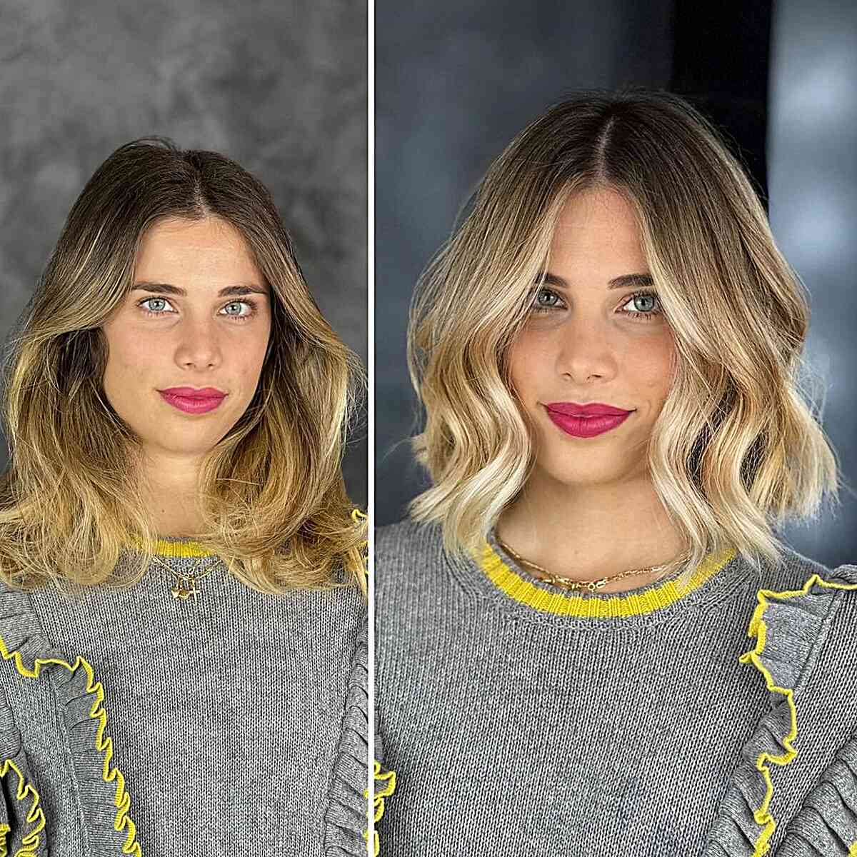 Stunning Balayage on Full Above-the-Shoulder Bob Cut for women with dark roots and low-maintenance style