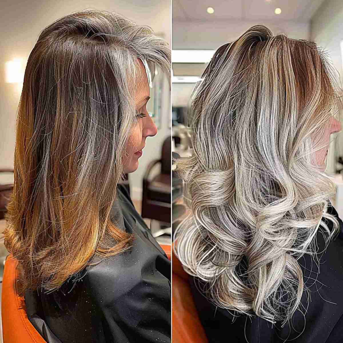 Mid-length hair beautifully enhanced with blonde balayage and styled waves