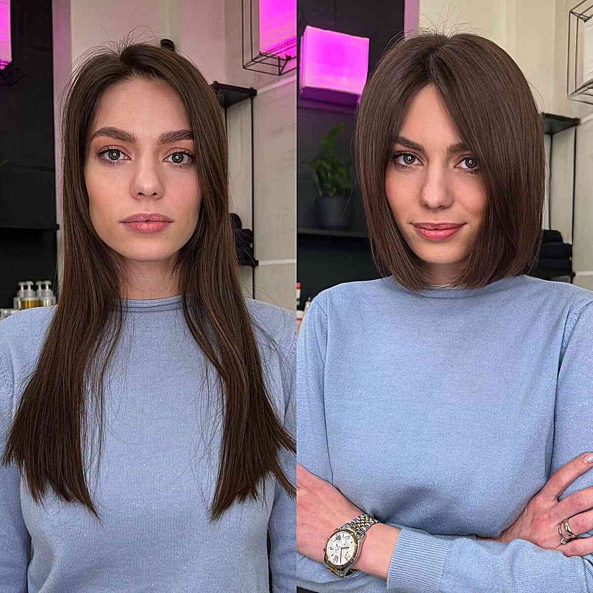 Stunning Above-the-Shoulder Brunette Bob with a Center Part and No Bangs