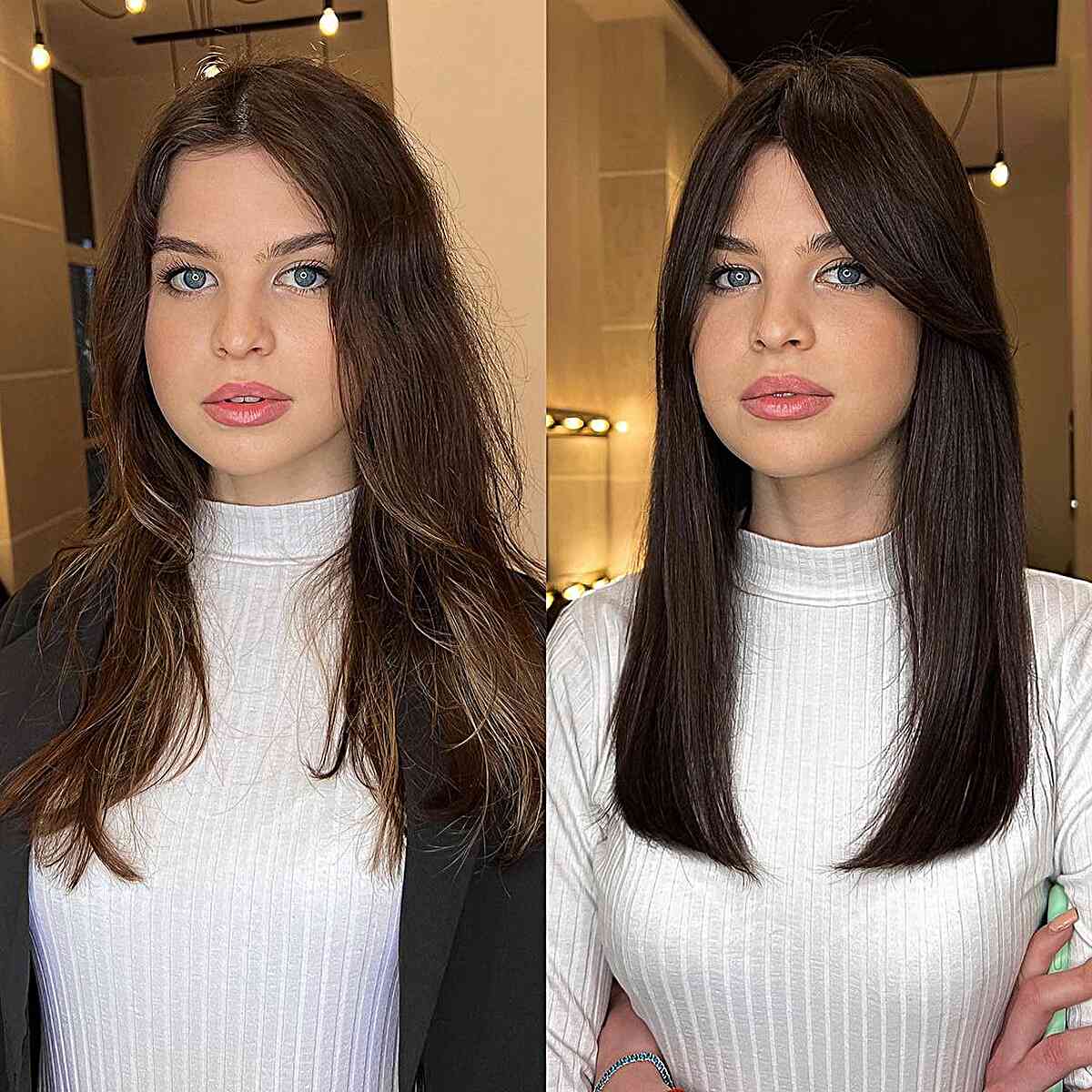 Stunning Curtain Fringe on Long Sleek Straight Hair for young women