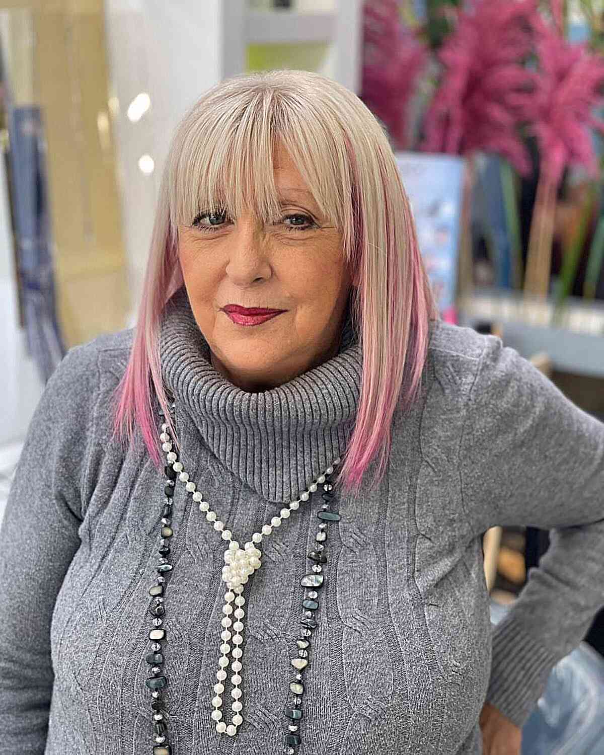 Stunning Long Bob with Pink Dip Dye for Women Aged 60 and Over