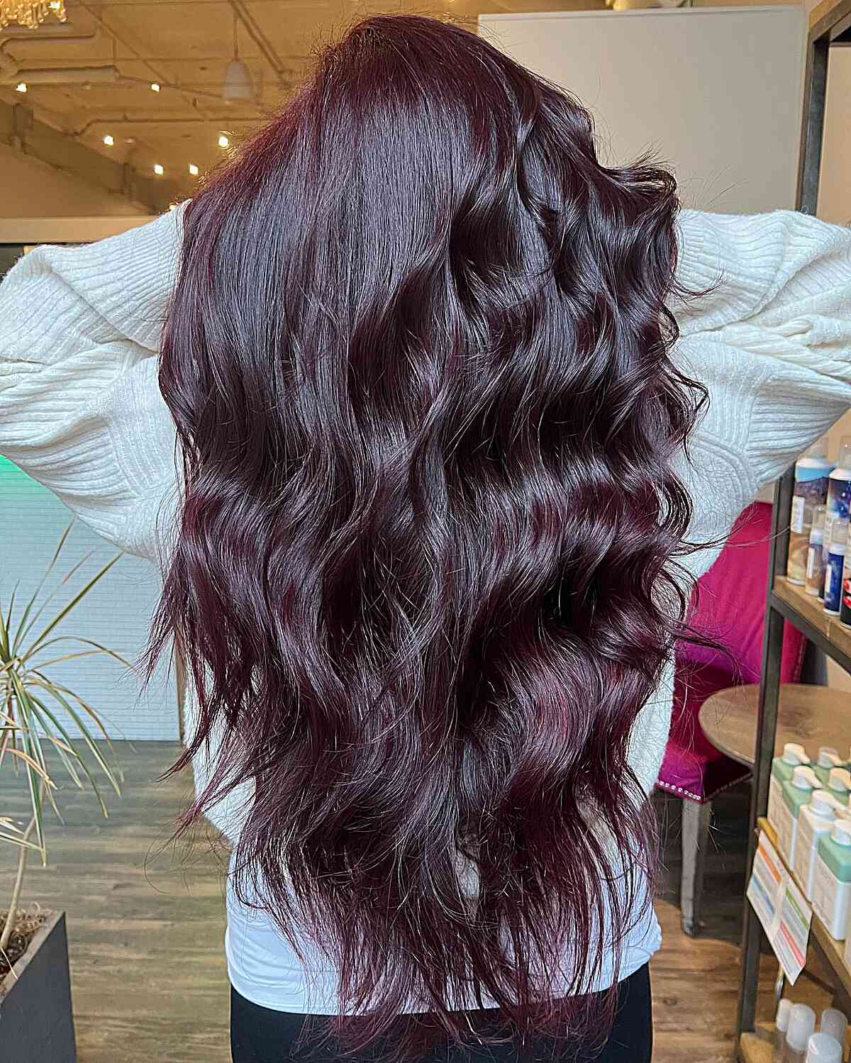 Stunning Long Dark Burgundy Tresses with Layers and Waves