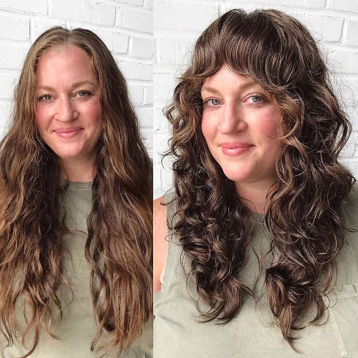 Long curly hair with bangs