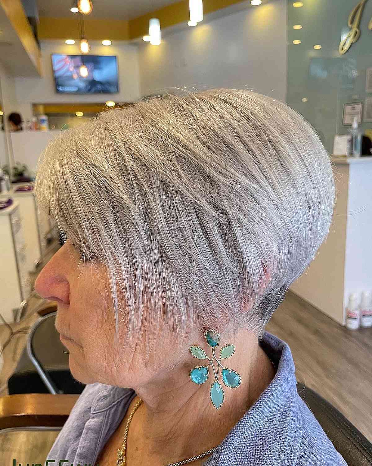 Stylish Angled Pixie Bob with Side Bangs for Women Aged 70 and Above