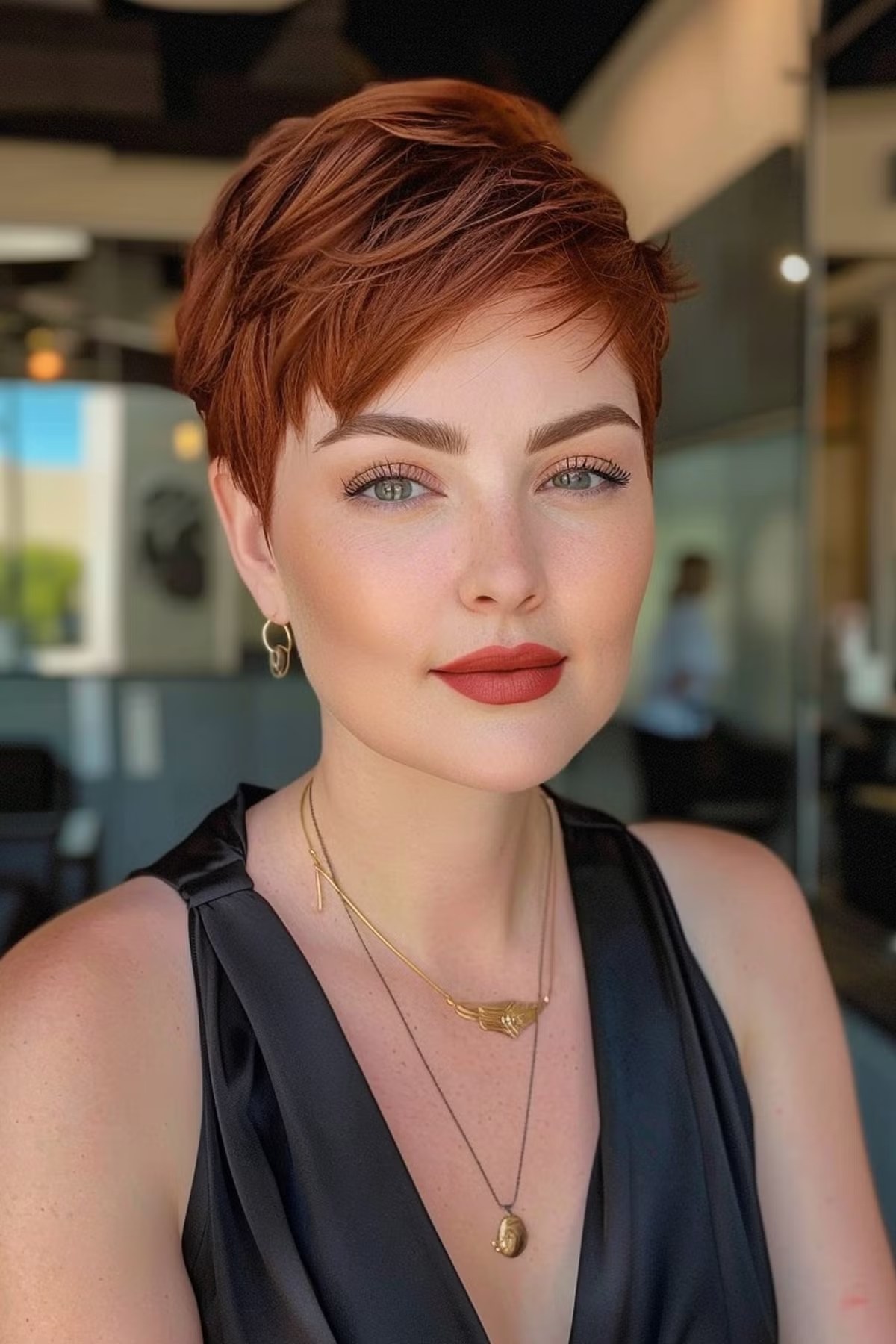 Stylish auburn red pixie hairstyle