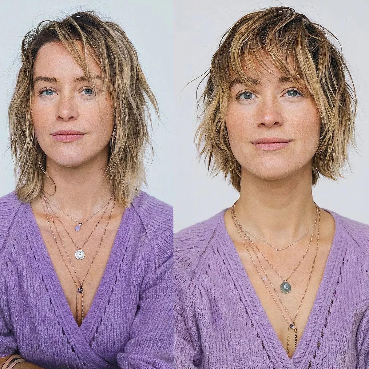 Chin-Length Stylish Beach Waves with Bangs for Square Face Shapes