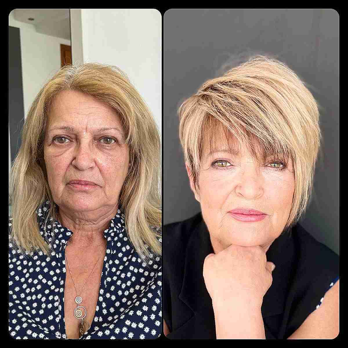Stylish Blonde Balayage Pixie with Bangs for 70-Year-Old Women