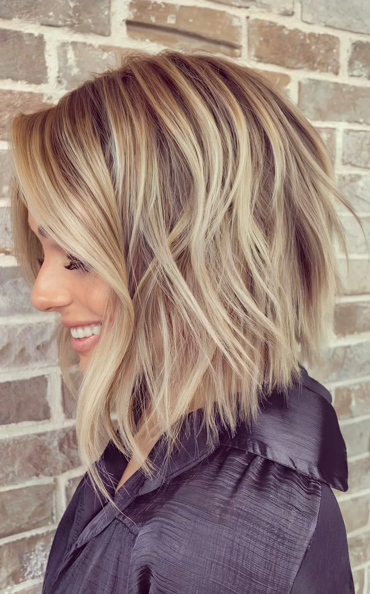 Blonde Balayage on an Angled Lob Cut