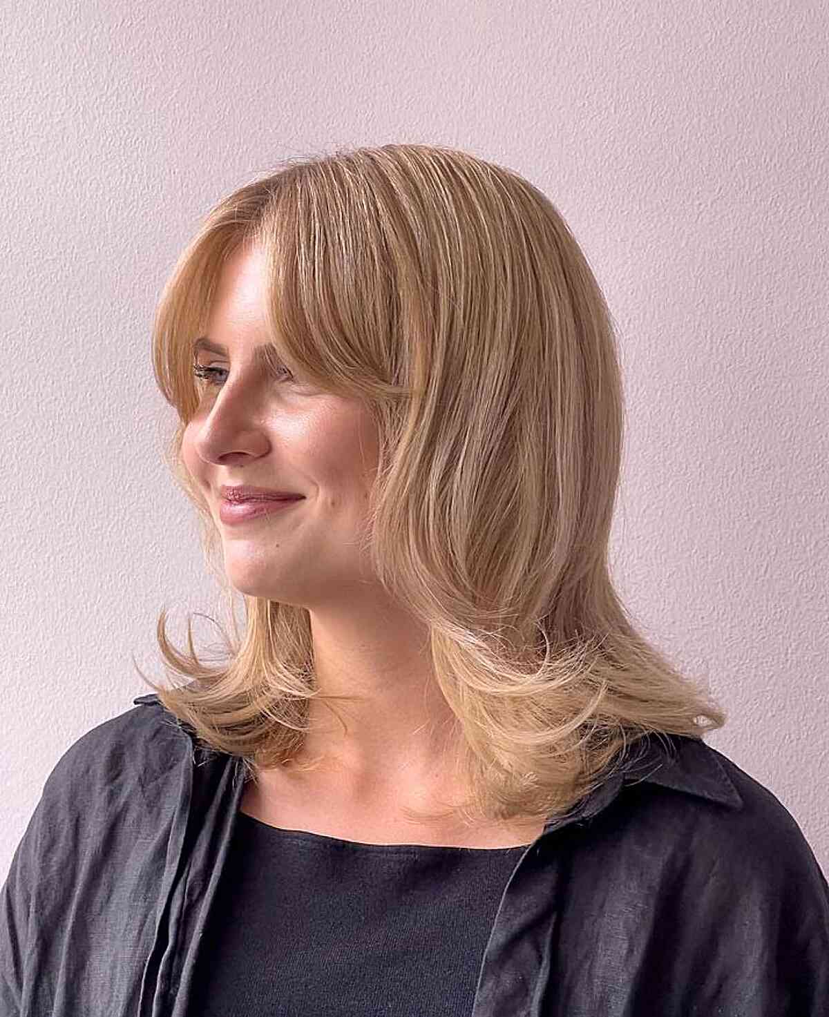 Stylish Blonde Lob with Bangs for Thick Hair