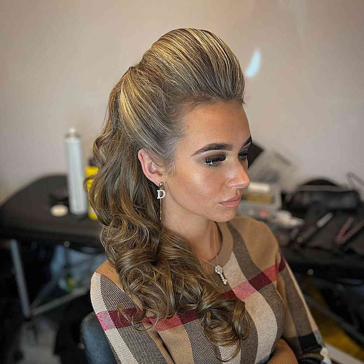 Stylish Bouffant Half-Up Half Down Hairstyle with Curls for Prom Night