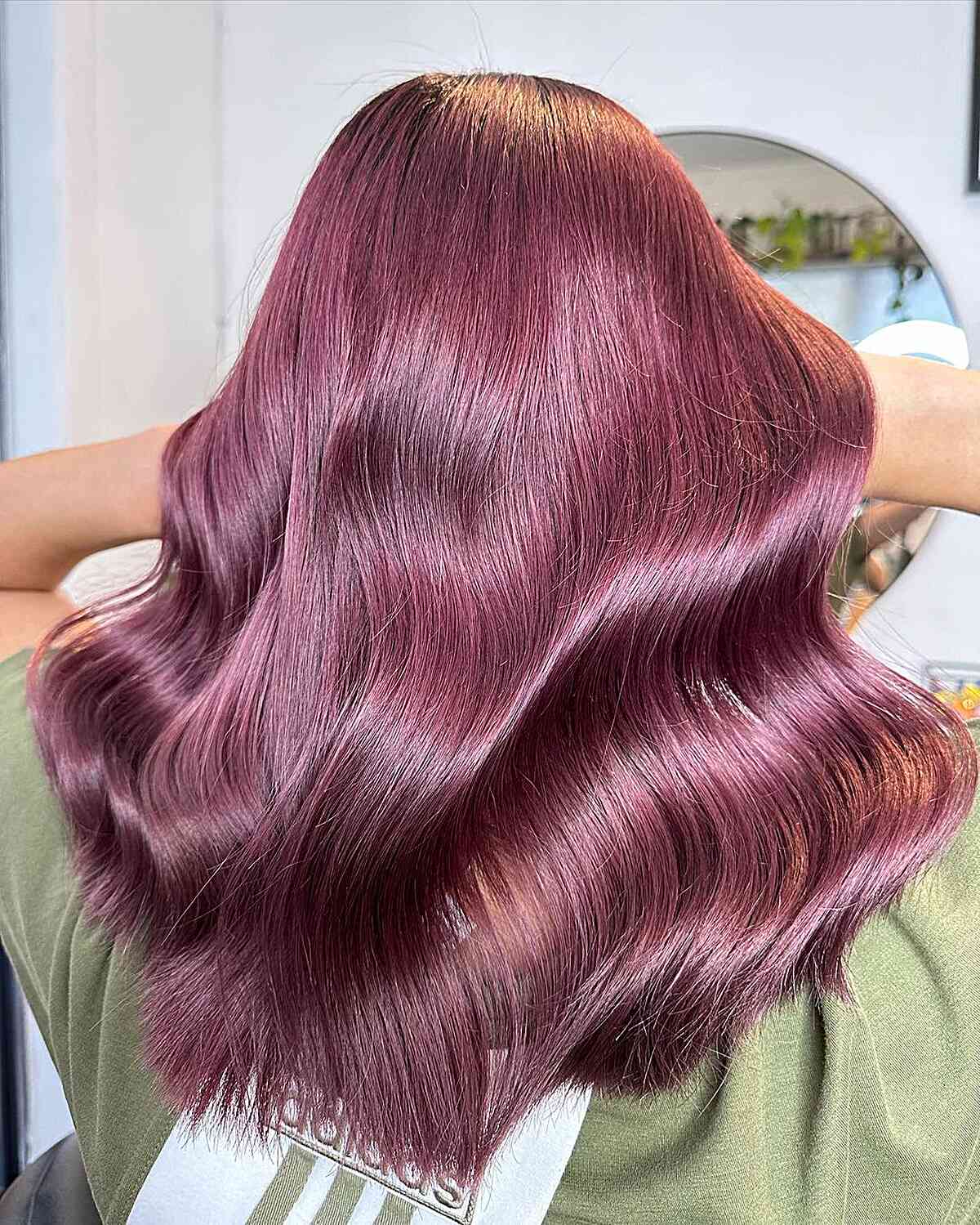 Stylish Burgundy Hue with Medium Waves for Thick-Haired Ladies