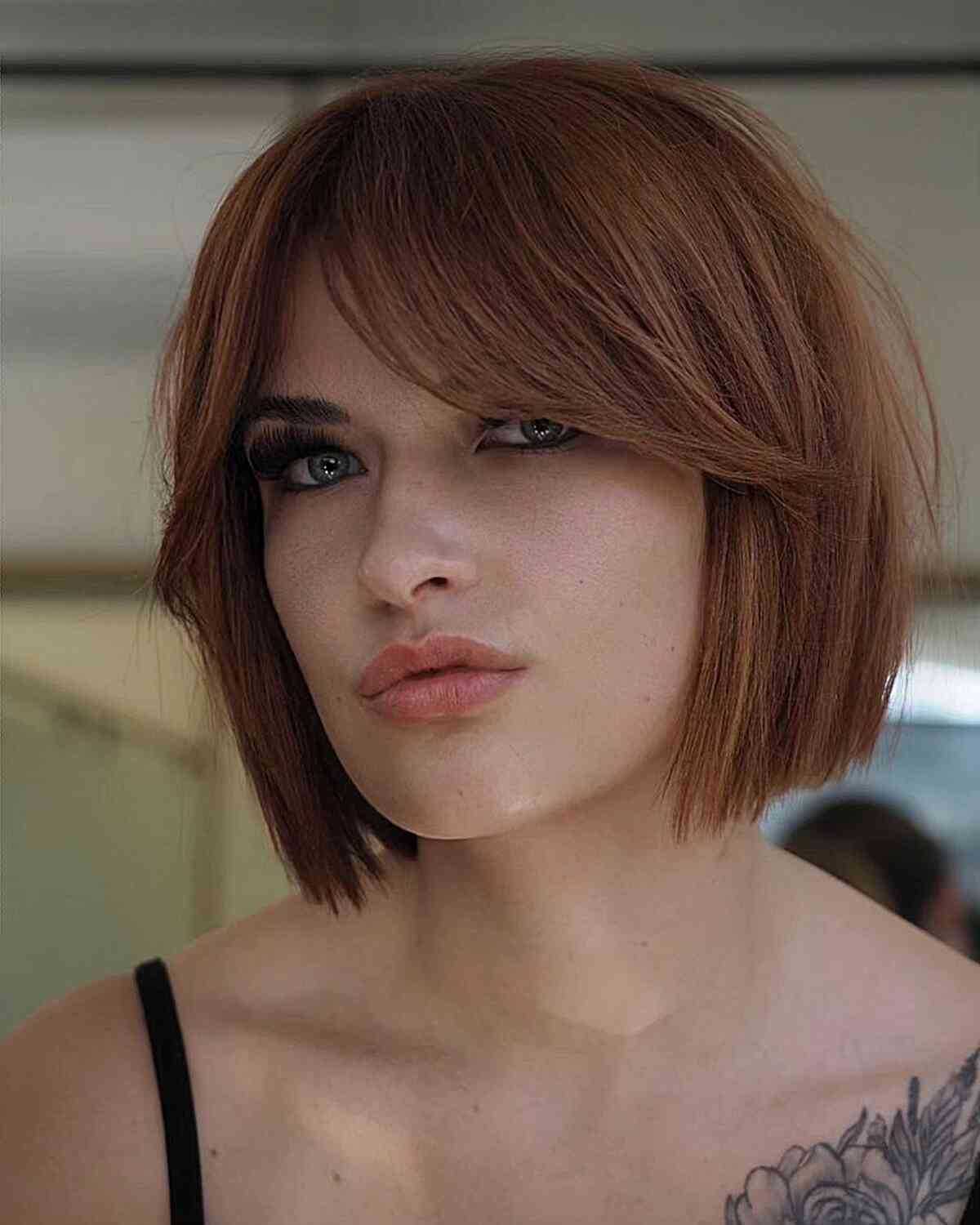 Chin-Length Blunt Stylish Copper Slob Bob Cut for ladies with short straight hair
