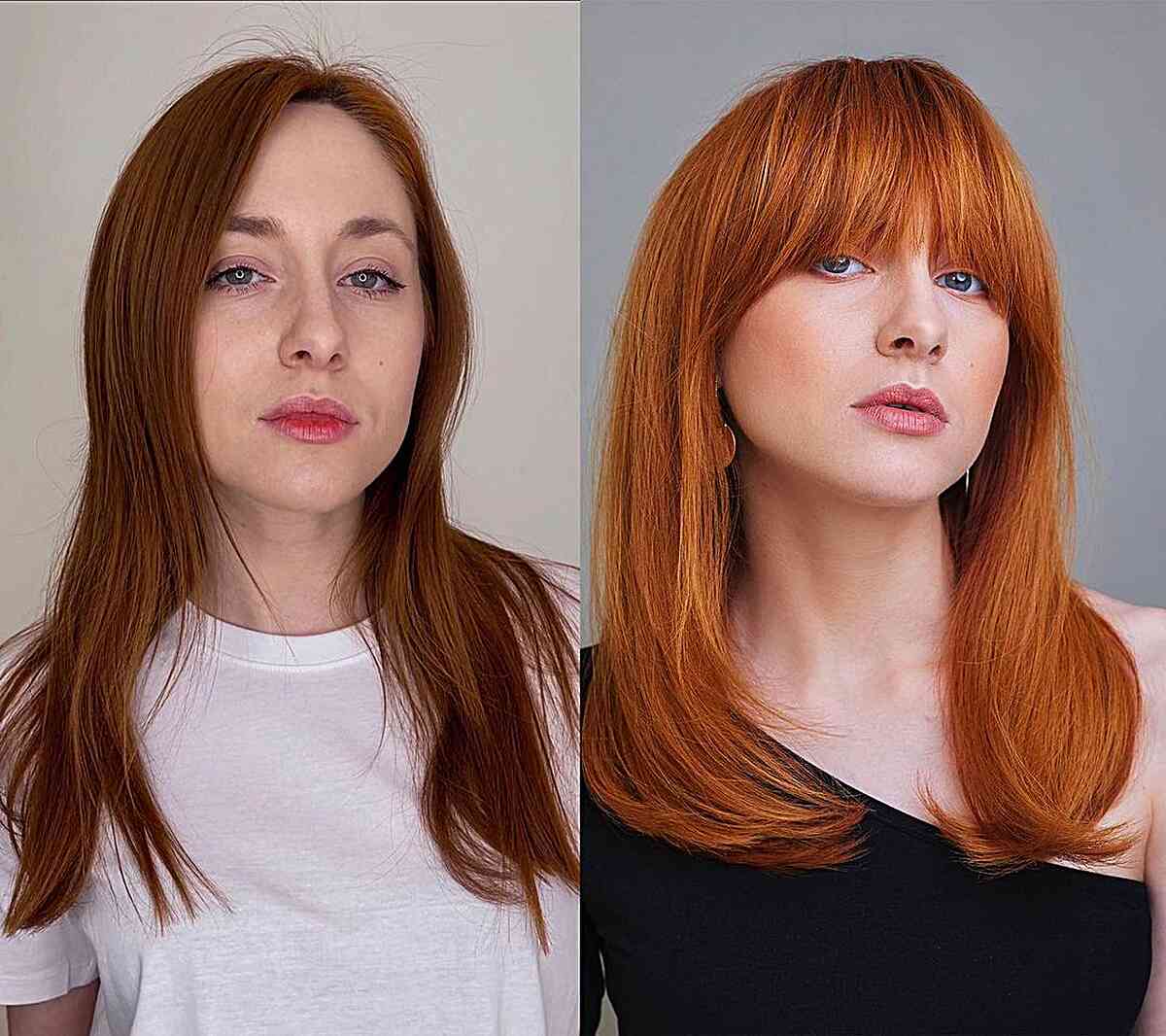 Mid-Length Stylish Copper Straight Hairdo with Bangs