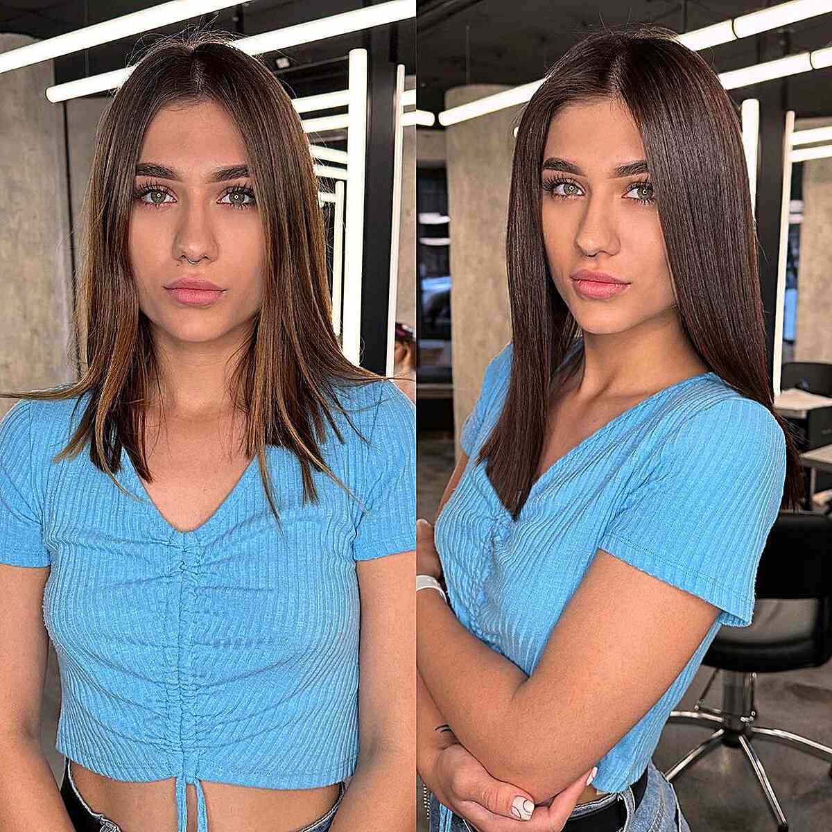 Stylish Dark Brunette Straight Medium-Length Haircut