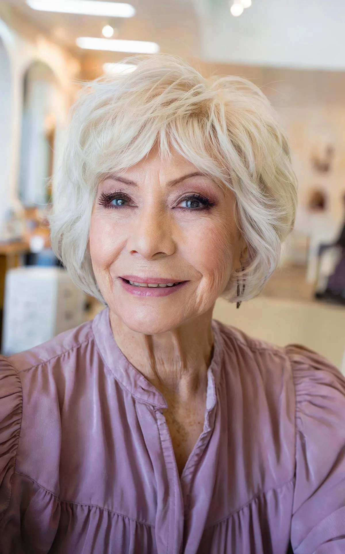 Stylish Face-Framing Shag with Wavy Bangs for Women Over 70