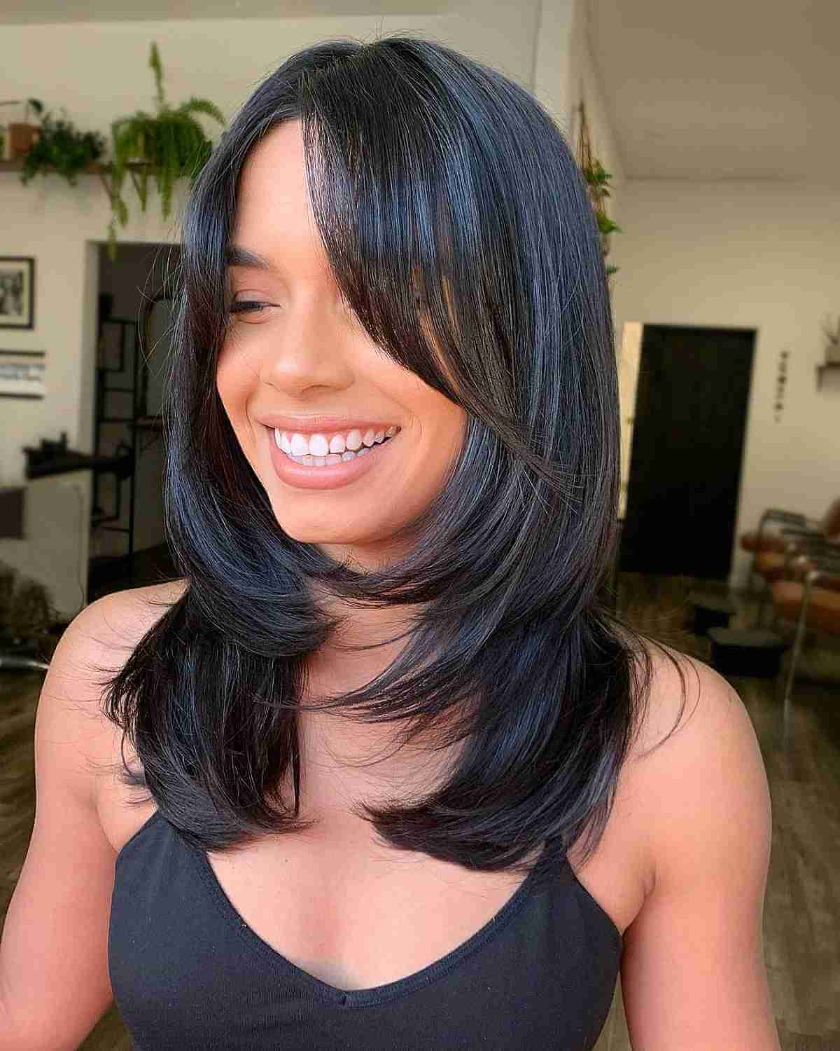 Stylish Medium Front Layered Haircut with Side Bangs