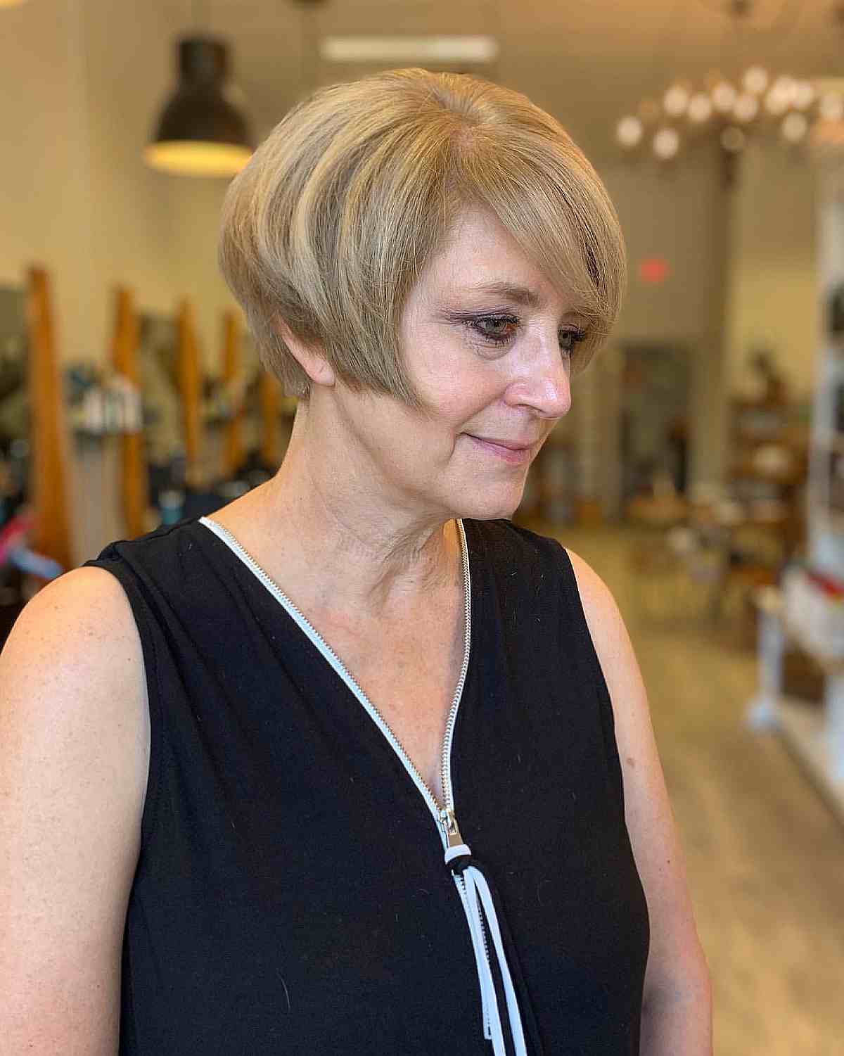 Stylish Graduated Bixie with Side Bangs for Thick Haired Ladies 50 and Over