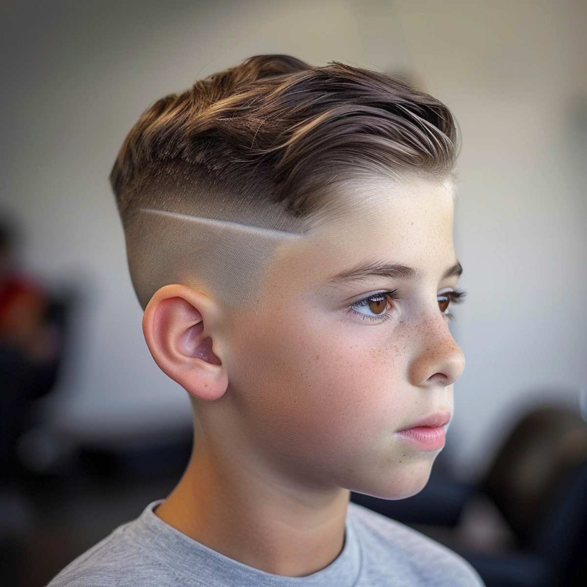 A stylish high fade haircut featuring lines on the side