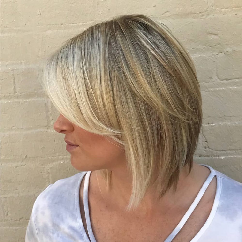 Stylish Inverted Bob with Bangs and Luminous Highlights