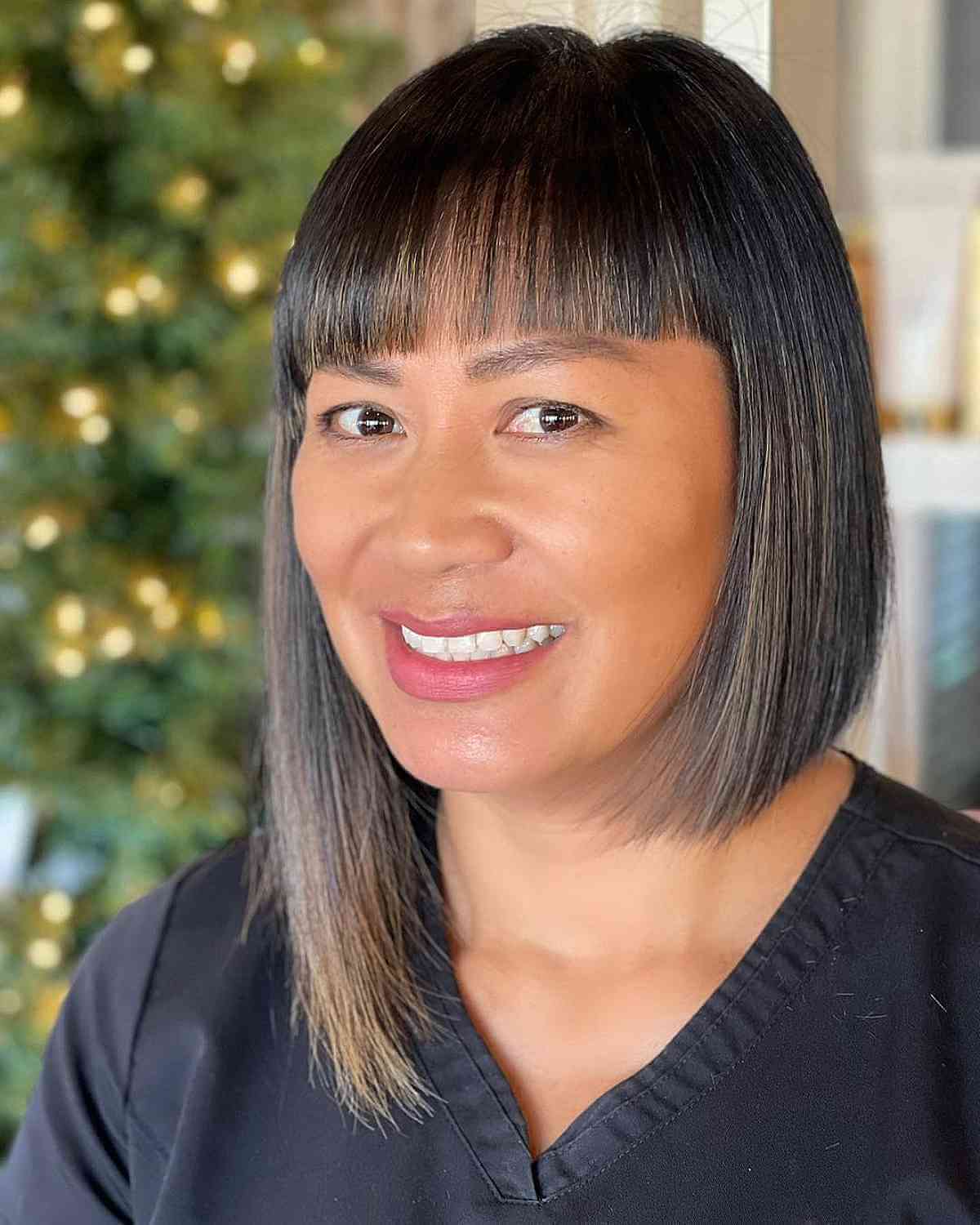 Long Asymmetrical Bob with Fringe for Round Faces and Thin Hair