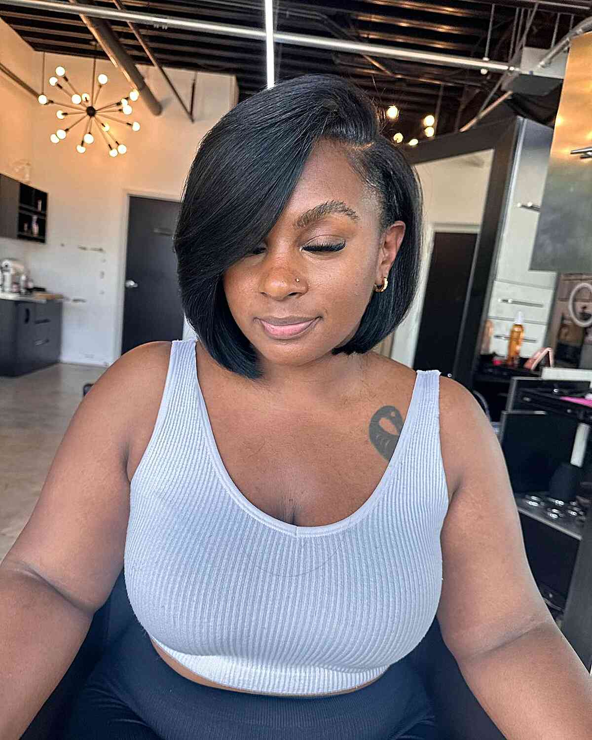 short hair with chic long bangs for african american