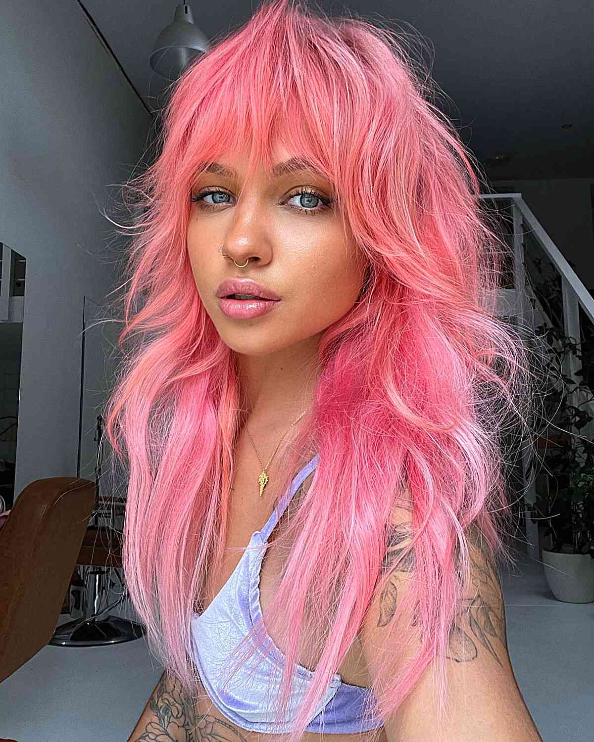 Stylish Long Pink Shag with Fringe for women with heart shaped faces