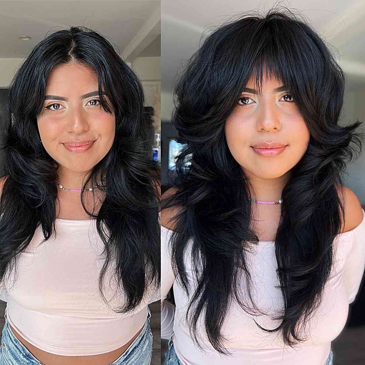 Stylish Long Shag with Textured Fringe for Thick Hair